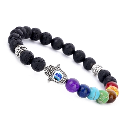 Lava Stone Beaded Bracelet With Alloy Hamsa Hand Evil Eye And Seven Chakra Gemstones For Yoga Meditation