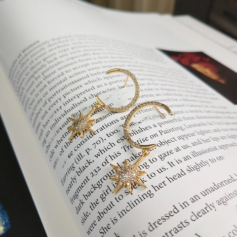 925 Sterling Silver Crescent Moon And Eight Pointed Star Drop Earrings 18K Gold Plated Micro Pave Zircon Dainty Jewelry