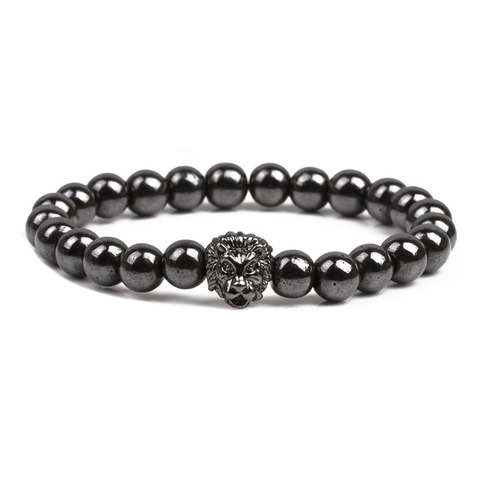 Lion Head Natural Stone Beaded Bracelet Hematite Copper Elastic Jewelry For Men And Women