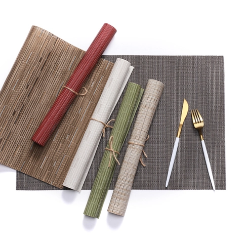 Woven Placemats Heat Resistant Non Slip Washable PVC Vinyl Table Mats For Kitchen Dining Room Bamboo Texture Modern
