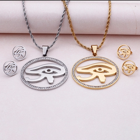 Joyas Ojo De Horus Acero Inoxidable Chapado En Oro De 18K Colgante Redondo Hueco Collar Y Pendientes De Diamante De Imitación
