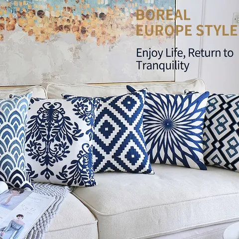 Bestickte Kissenhülle Blau Weiß Mischgewebe Geometrische Damast Blumenmuster Sofa Deko Nordisch Klassischer Quadratischer Kissenbezug