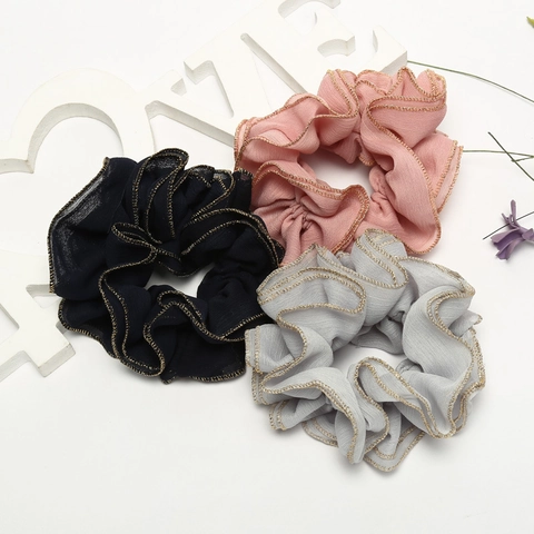 Elegant Chiffon Scrunchies Double Layer Gold Trim Elastic Hair Ties Simple Hairbands Women Girls Daily Headwear