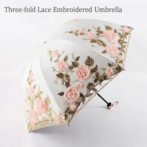 Faltbarer Sonnenschirm Mit Strukturierter Blumenstickerei Und Spitze Schwarz Beschichtet UV Schutz Für Sonnentage Regen Elegant