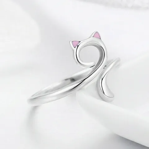 925 Sterling Silver Cat Ear Pink Enamel Adjustable Ring Cute Animal Open Finger Jewelry For Women