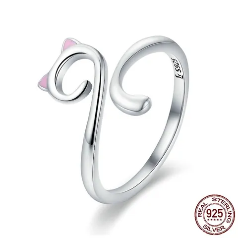 925 Sterling Silver Cat Ear Pink Enamel Adjustable Ring Cute Animal Open Finger Jewelry For Women