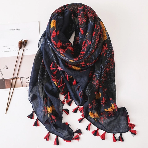 Women Large Square Scarf Shawl Floral Print Polyester Voile Cotton Linen Feel Tassels Retro Bohemian Style Versatile Beach Wrap