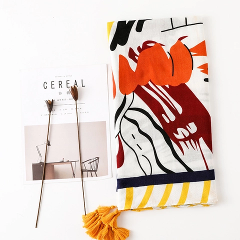 Dames Sjaal Met Abstracte Graffiti-print Katoen Linnen Gevoel Met Gele Kwastjes Artistieke Boho Zonbescherming Stranddoek