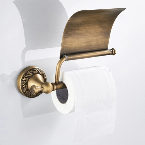 European Retro Brass Toilet Paper Holder Wall Mounted Carved Base Bathroom Paper Roll Rack With Cover Antique Copper