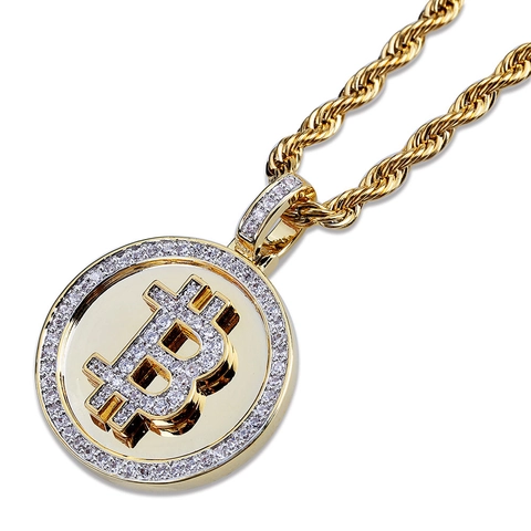 Collar Con Colgante De Bitcoin Cobre Chapado En Oro Micro Pavé Circonia Joyería Hip Hop