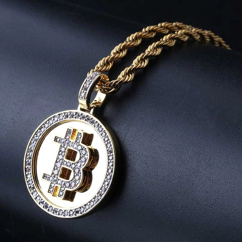 Collar Con Colgante De Bitcoin Cobre Chapado En Oro Micro Pavé Circonia Joyería Hip Hop