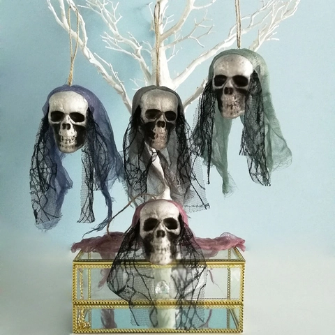 Halloween Foam Skull Hanging Ornament With Black Mesh Fabric Scary Skeleton Prop For Bar KTV Party Indoor Decor