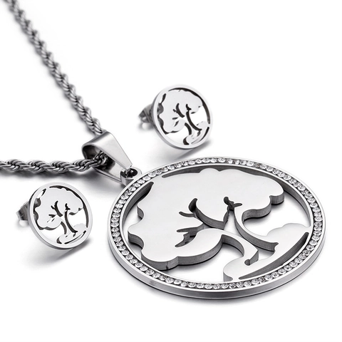 Joyas Collar Y Pendientes De Árbol De La Vida Para Mujer Acero Inoxidable Con Diamantes De Imitación Diseño Redondo Hueco Elegante