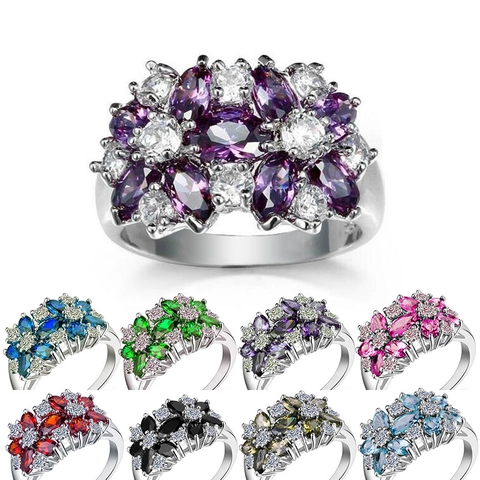 Anillo De Racimo De Flores Para Mujer Cobre Plateado Zircón Marquise Multicolor Joyería De Lujo Regalo