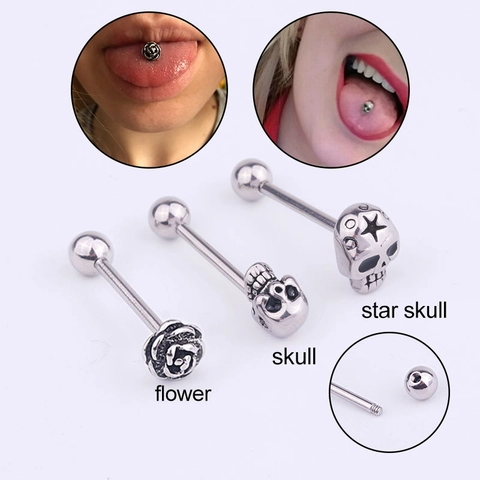 Piercings Para La Lengua De Acero Inoxidable Joyas Para El Cuerpo Barbell Flor Calavera Estrella Estilo Gótico Punk