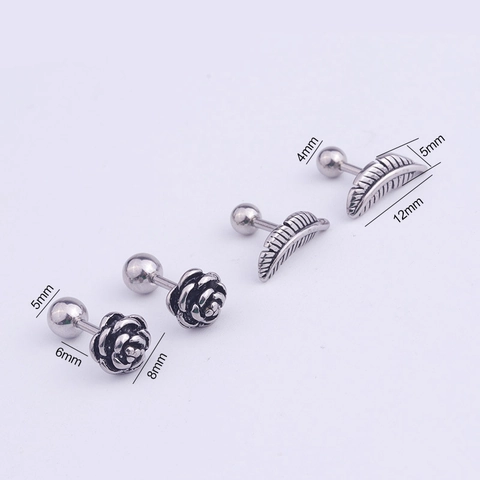 Stainless Steel Retro Rose Flower Feather Ear Cartilage Stud Earrings Helix Piercing Jewelry For Women Men Vintage Style
