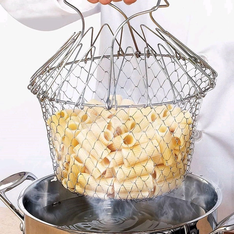 Collapsible Frying Basket Stainless Steel Folding Mesh Colander Strainer For Steaming Frying Cooking Kitchen Tools