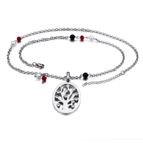 Collar Y Pendientes Árbol De La Vida Joyas De Acero Inoxidable Con Diamantes De Imitación Y Cuentas De Colores Diseño Hueco Oval Para Mujer