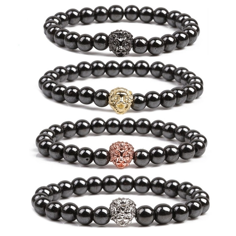 Lion Head Natural Stone Beaded Bracelet Hematite Copper Elastic Jewelry For Men And Women