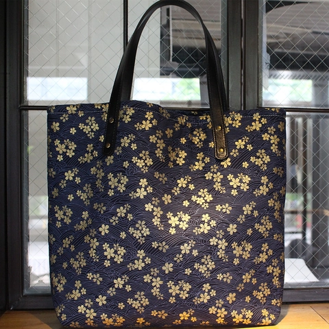 Japanischer Stil Tote Bag Dicke Baumwolle Canvas Ledergriff Gold Sakura Muster Große Kapazität Reißverschluss Damen
