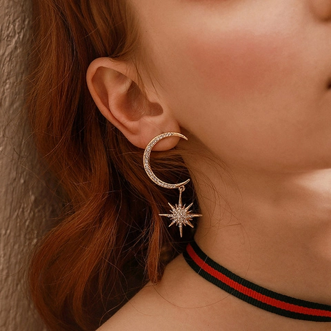 925 Sterling Silver Crescent Moon And Eight Pointed Star Drop Earrings 18K Gold Plated Micro Pave Zircon Dainty Jewelry