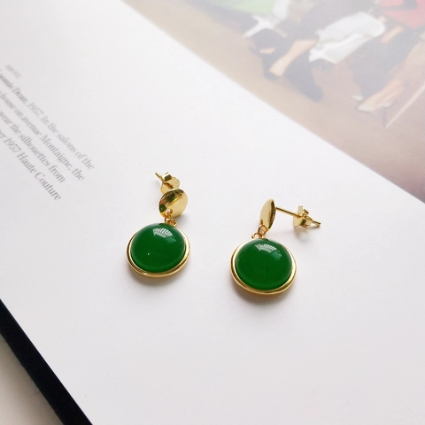 Vintage Runde Grüne Achat Ohrstecker Mit 925 Sterling Silber Ohrstecker 18K Vergoldet Eleganter Schmuck Damen
