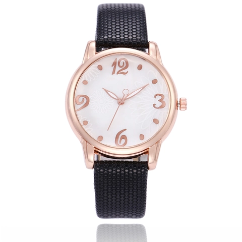 Montre À Quartz Pour Femmes Cadran À Fleurs Boîtier En Alliage Or Rose Bracelet En Cuir PU Élégante Mode Décontractée Analogique