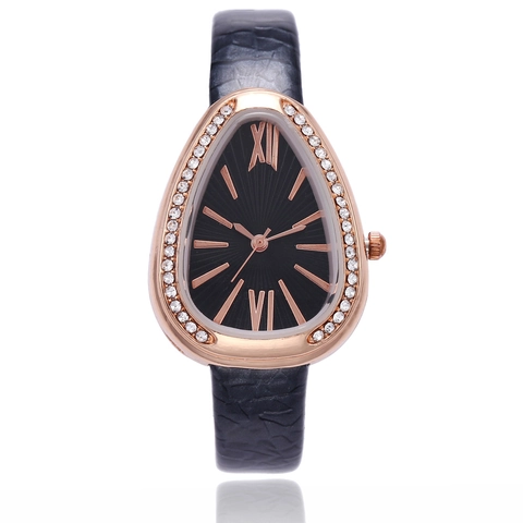 Women Quartz Watch Triangle Snakehead Case Rhinestone Alloy PU Leather Strap Roman Numerals Fashion Casual Ladies