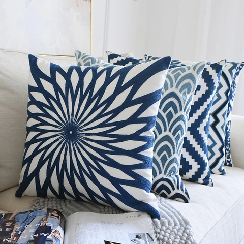 Bestickte Kissenhülle Blau Weiß Mischgewebe Geometrische Damast Blumenmuster Sofa Deko Nordisch Klassischer Quadratischer Kissenbezug