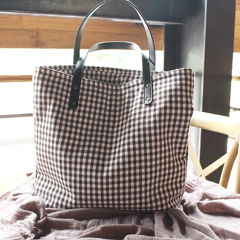 Gingham Plaid Tote Bag Cotton Linen Canvas Large Capacity Japanese Minimalist Shoulder Handbag With PU Leather Straps