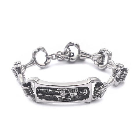 Bracciale A Maglie Di Ossa Di Scheletro In Acciaio Inossidabile Gothic Punk Rilievo Di Teschio Gioielli Da Uomo Argento