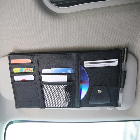 Organizzatore Aletta Parasole Auto Pelle PU Borsa Portaoggetti Con Cerniera Porta Carte Clip Per Occhiali Sole