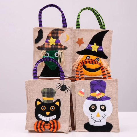 Halloween Candy Bags Linen Burlap Gift Handbags Cartoon Pumpkin Witch Skull For Party Trick Or Treat Festive Decoration