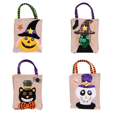 Halloween Candy Bags Linen Burlap Gift Handbags Cartoon Pumpkin Witch Skull For Party Trick Or Treat Festive Decoration