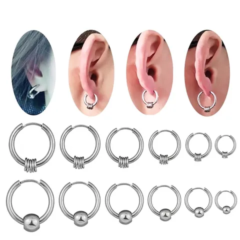 Punk Stainless Steel Hoop Earrings With Sliding Bead And Multiple Small Rings Decoration Hypoallergenic Korean Style Unisex