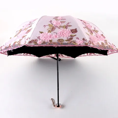 Faltbarer Sonnenschirm Mit Strukturierter Blumenstickerei Und Spitze Schwarz Beschichtet UV Schutz Für Sonnentage Regen Elegant