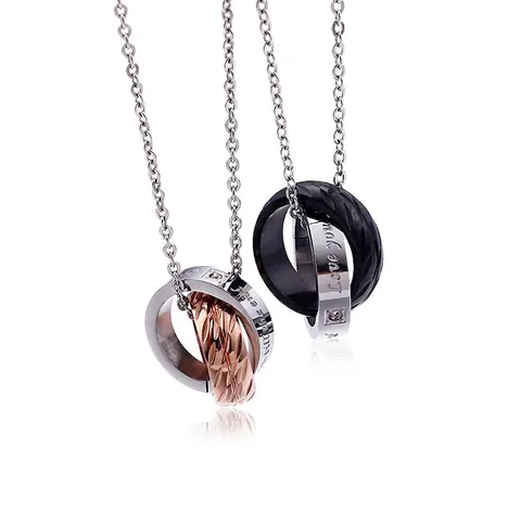 Couple Interlocking Double Ring Pendant Necklace Stainless Steel Letter Print Love You Till The End Zirconia Jewelry