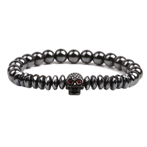 Skull Beaded Bracelet Hematite Natural Stone Copper Micro Pave Zircon Punk Gothic Hip Hop Jewelry Men