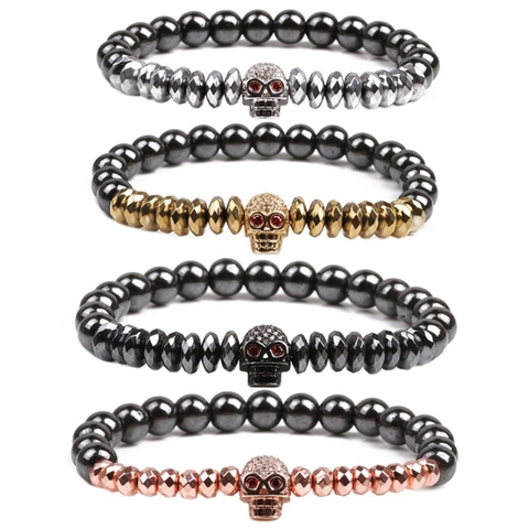 Skull Beaded Bracelet Hematite Natural Stone Copper Micro Pave Zircon Punk Gothic Hip Hop Jewelry Men
