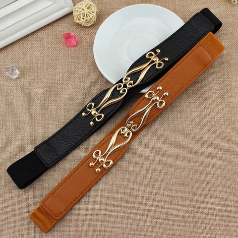 Women Fashion Elastic Waist Belt PU Leather Skinny Cinch Interlock Buckle Vintage Floral Hollow For Dress