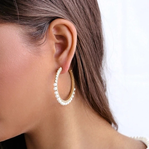 Orecchini a Cerchio in Lega con Perle Artificiali da Donna a Forma di C Grande Cerchio Placcato Oro Argento Elegante Gioiello