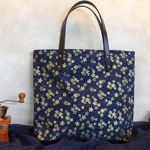 Japanischer Stil Tote Bag Dicke Baumwolle Canvas Ledergriff Gold Sakura Muster Große Kapazität Reißverschluss Damen
