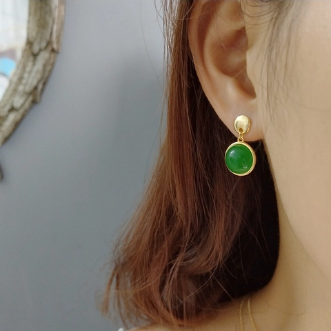 Vintage Runde Grüne Achat Ohrstecker Mit 925 Sterling Silber Ohrstecker 18K Vergoldet Eleganter Schmuck Damen