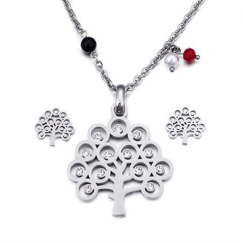 Collar Y Pendientes Árbol De La Vida Acero Inoxidable Chapado En Oro Rhinestone Hueco Cuentas Coloridas Moda Navidad Regalo Mujeres