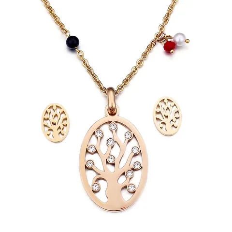 Collar Y Pendientes Árbol De La Vida Joyas De Acero Inoxidable Con Diamantes De Imitación Y Cuentas De Colores Diseño Hueco Oval Para Mujer