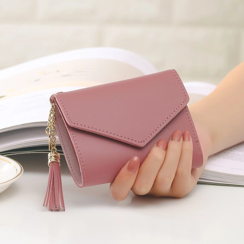 Portafoglio Corto Da Donna In Pelle PU Con Ciondolo A Cuore E Nappa Stile Coreano Porta Carte Pieghevole