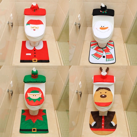 Christmas Santa Claus Toilet Seat Cover And Tank Lid And Floor Mat Bathroom Decor Flannel Festive Holiday Ornament