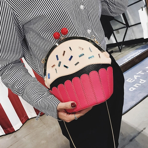 Cupcake Shaped Crossbody Bag For Women Cute Sweet PU Leather Rhinestone Decor Metal Chain Strap Novelty Party Purse