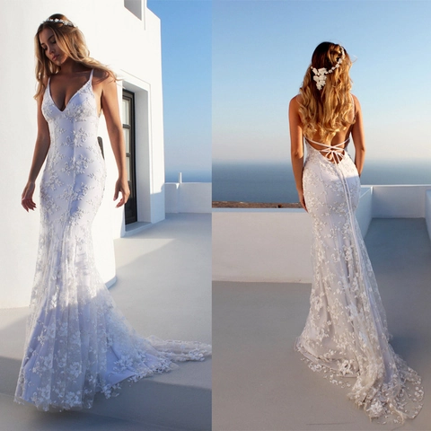 Elegante Vestido De Novia De Encaje Y Malla Con Cuello En V Tirantes Finos Espalda Abierta Sirena Vestido De Noche Con Cola Larga