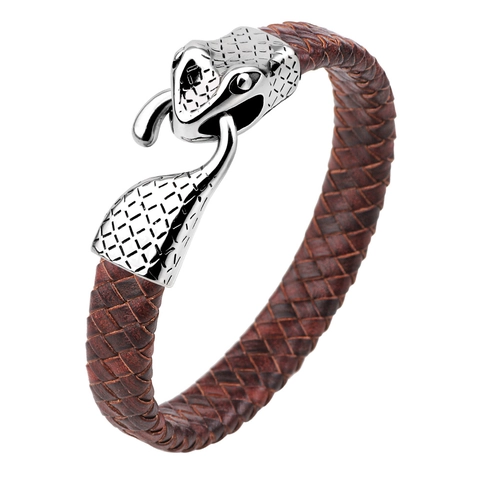 Bracciale Da Uomo In Pelle Intrecciata Con Fibbia A Testa Di Serpente In Acciaio Inossidabile Gioielli Punk